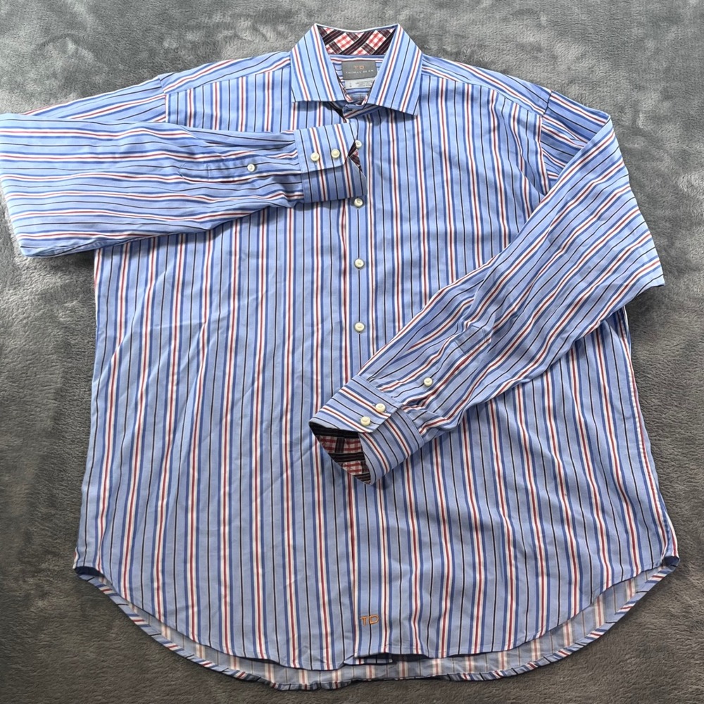Thomas Dean Mens Blue Red Striped Long Sleeve Button Down Shirt Large Cotton